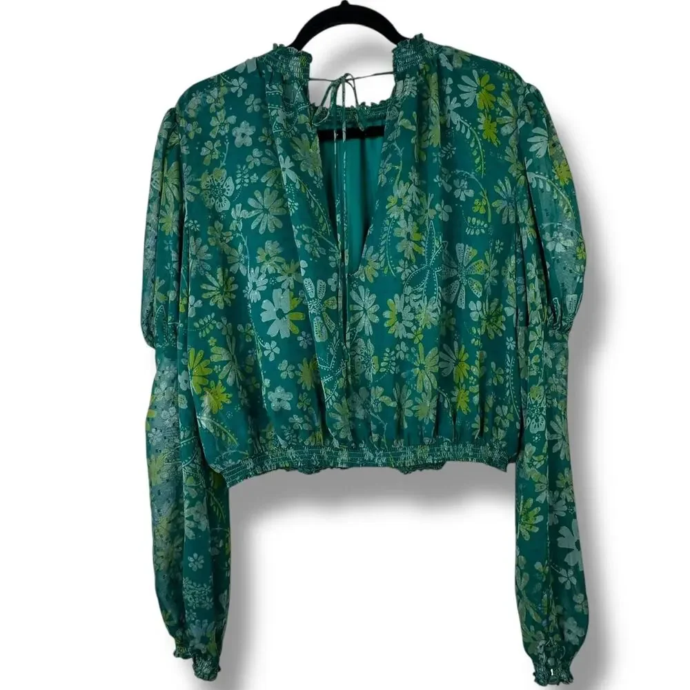 NEW Free People Sea Combo Clarissa Floral Print High Neck Smocked Blouse XS - Picture 6 of 9